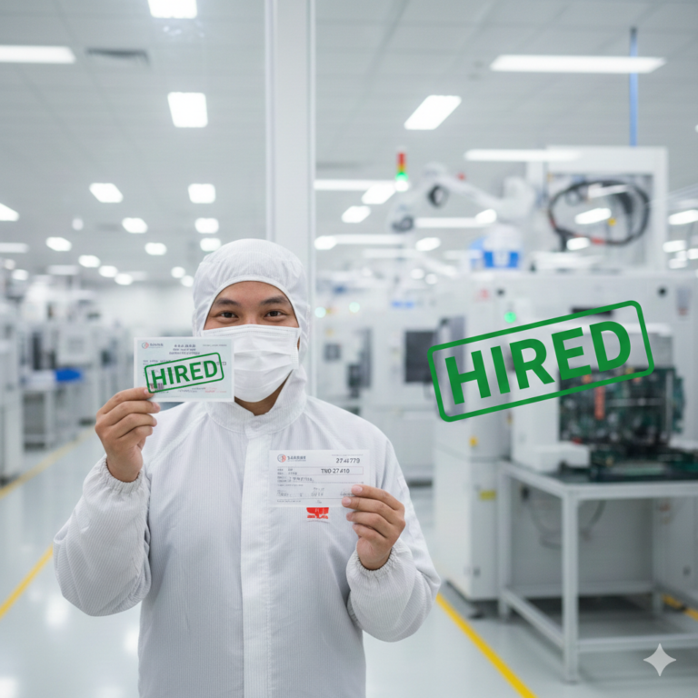 Professional factory worker in a cleanroom suit holding a Taiwan work visa and a TWD 27,470 paycheck at a modern Wistron electronics facility in Taoyuan City, featuring a bold 'Hired' stamp