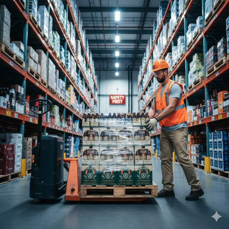 Professional warehouse worker manually loading and palletizing beverage cases at the LCBO Durham Retail Service Centre.