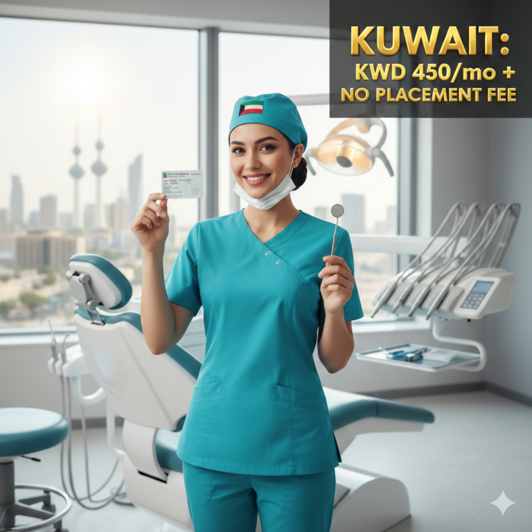 A confident female dental nurse in turquoise scrubs smiling in a modern clinic. She holds a Kuwaiti residency permit and a dental mirror. Background shows a high-end dental office with the Kuwait City skyline. Gold 3D text overlays the top: "KUWAIT HIRING: KWD 450/mo + NO PLACEMENT FEE."