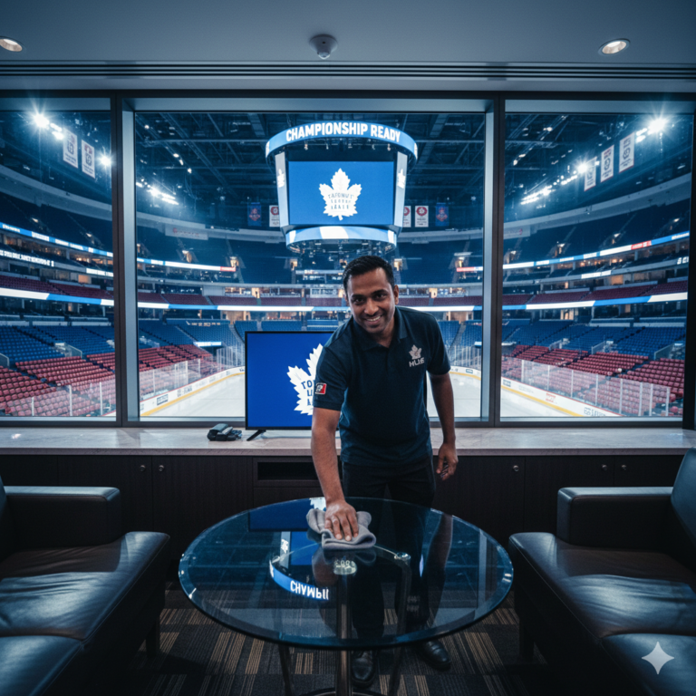 MLSE Housekeeping staff maintaining the high cleanliness standards of a premium suite at Scotiabank Arena in Toronto