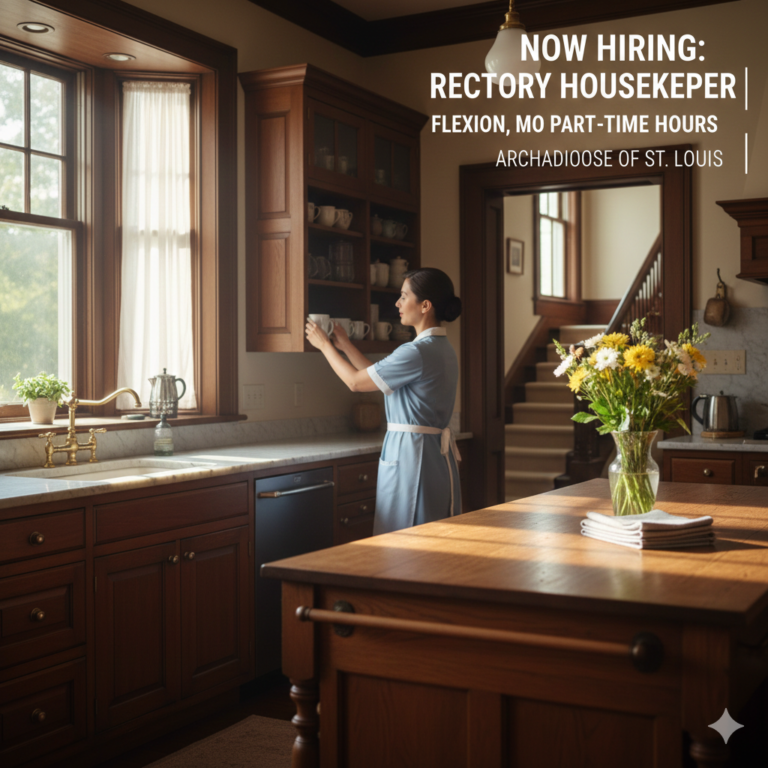 A cinematic, sunlit photo of a historic rectory kitchen in Union, Missouri. A professional housekeeper in a light blue uniform neatly organizes mugs in a polished wood cabinet. The kitchen features marble countertops, a bouquet of yellow and white flowers, and a large window. Bold white text in the top right corner reads: "NOW HIRING: RECTORY HOUSEKEEPER | UNION, MO | FLEXIBLE PART-TIME HOURS | ARCHDIOCESE OF ST. LOUIS