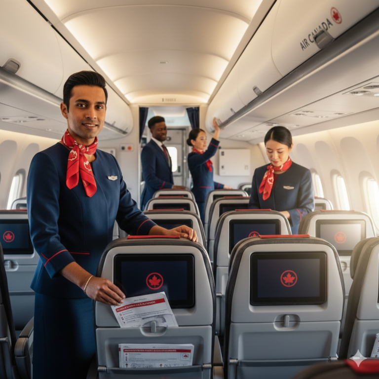 Air Canada Cabin Service and Cleaning Attendants preparing a modern aircraft for departure at Toronto Pearson International Airport.