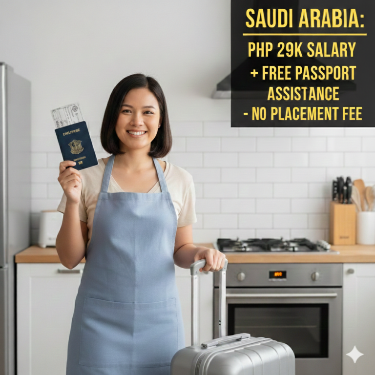 A heartwarming photo of a smiling Filipino woman wearing a light blue apron in a bright, modern kitchen. She holds a Philippine passport and a silver suitcase. In the background, a map of Saudi Arabia is mounted on the wall. High-contrast yellow and white text on a black overlay reads: "SAUDI ARABIA: PHP 29K SALARY + FREE PASSPORT ASSISTANCE - NO PLACEMENT FEE."